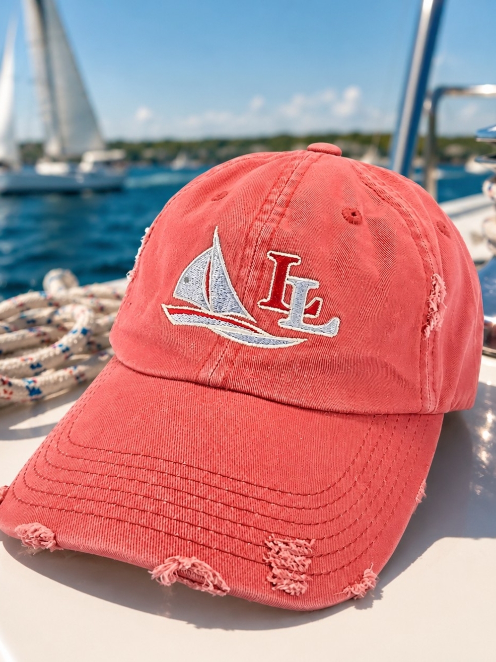 District Distressed Coral Pink Sailboat "LL" Lake Life Adjustable Dad Hat